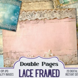 May include: A collection of digital prints featuring a vintage aesthetic. The images showcase a variety of textures, including aged paper, lace trim, and floral accents. The color palette includes soft pinks, blues, and creams. Text on the image reads "Double Pages LACE FRAMED".