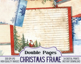 Christmas Frame Blank Lined Vintage Junk Journal Papers, Journal Scrapbook Supply - 34 Winter Style Junk Journal Pages, Xmas Pages