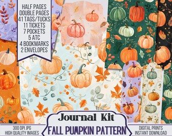 Fall Pumpkin Pattern Junk Journal Kit Ephemera, ATC, Tags, Pocket, Scrapbook Supply, Autumn Pages, Over 100 Digital Items, 86 Journal Pages