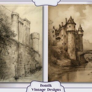 May include: Two black and white pencil drawings of medieval castles. The first drawing shows a castle with a tall tower and a stone wall. The second drawing shows a castle with a bridge over a river.