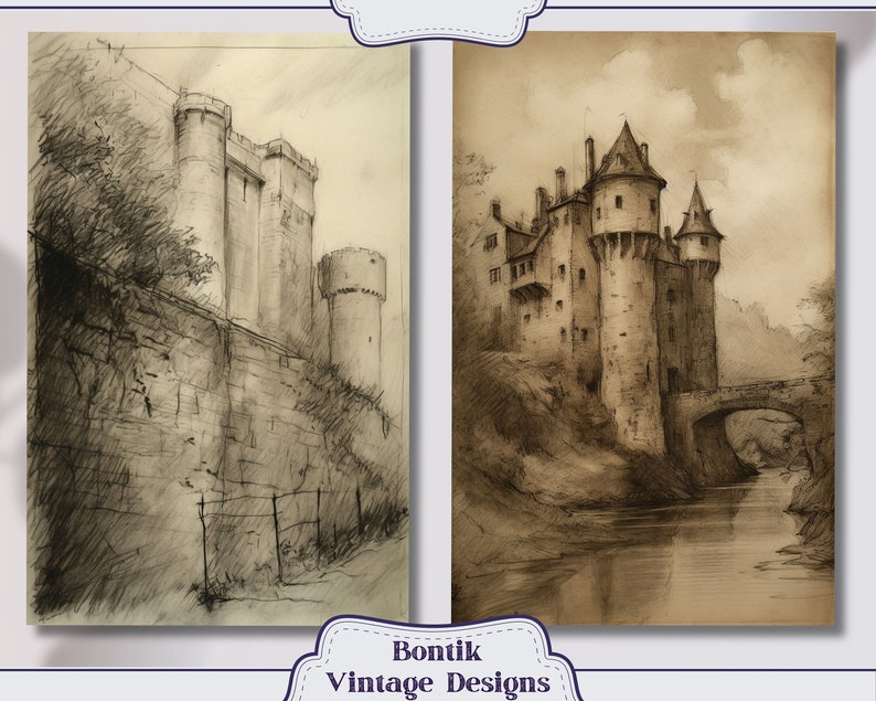 May include: Two black and white pencil drawings of medieval castles. The first drawing shows a castle with a tall tower and a stone wall. The second drawing shows a castle with a bridge over a river.