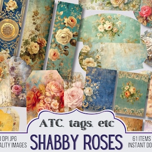Shabby Roses Junk Journal Ephemera, ATC cards, Tags, Pocket, Circles, Journal Scrapbook Supply - 61 Ephemera - Vintage Pages, Floral Pages