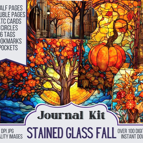 Vitraux Fall Junk Journal Kit Ephemera, ATC, Tags, Poche, Scrapbook Supply, Pages d’Halloween, Plus de 100 articles numériques, 38 Pages de journal