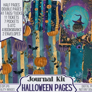 May include: A digital printable Halloween journal kit with 41 tags, 11 tickets, 7 pockets, 5 ATC cards, 4 bookmarks, and 2 envelopes. The kit features a purple, teal, and gold color scheme with illustrations of pumpkins, bats, and a witch's cauldron.