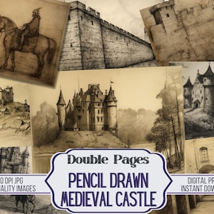 Papeles dobles para diario basura con diseño de castillo medieval dibujado a lápiz, 26 papeles decorativos para imprimir en Stamperia, suministros para manualidades con álbumes de recortes