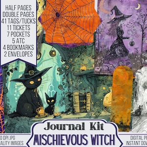 Mischievous Witch Junk Journal Printable Kit, Fall Digital Pages, Autumn Scrapbooking Supplies, Halloween Junk Journal Pages