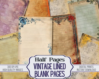 Vintage gevoerde blanco pagina's Junk Journal Half Papers - 20 achtergrond afdrukbaar stamperiapapier, benodigdheden voor plakboek, digitale download