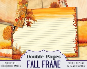 Fall Frame Blank Lined Vintage Junk Journal Papers, Journal Scrapbook Supply - 30 Blank Style Junk Journal Pages - Ephemera, Fall Pages