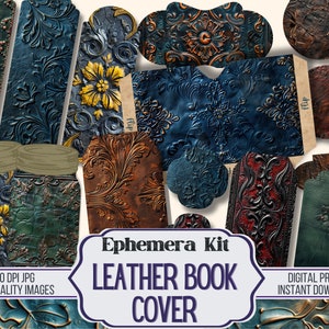 May include: A digital download kit of printable images featuring various leather textures in blue, green, brown, and red. The images are perfect for crafting projects like scrapbooking, card making, and journal covers. The kit includes the text "Ephemera Kit Leather Book Cover" and "300 DPI JPG High Quality Images".