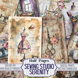 Papeles de diario basura Serenity de Sewing Studio: 18 páginas decorativas imprimibles con temática de manualidades, suministros para álbumes de recortes, descarga digital