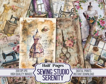 Papeles de diario basura Serenity de Sewing Studio: 18 páginas decorativas imprimibles con temática de manualidades, suministros para álbumes de recortes, descarga digital