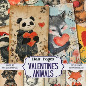 Papeles de diario basura con animales de San Valentín sosteniendo un corazón: 18 páginas decorativas imprimibles para San Valentín, suministros para álbumes de recortes, descarga digital