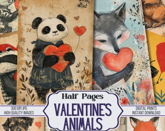 Könnte beinhalten: Digitale druckbare Valentinstagskarten mit niedlichen Tieren, die Herzen halten. Die Karten sind im Vintage-Stil mit einem verwitterten Hintergrund gestaltet. Der Text "Half Pages Valentines Animals" wird in einem lila Banner angezeigt.