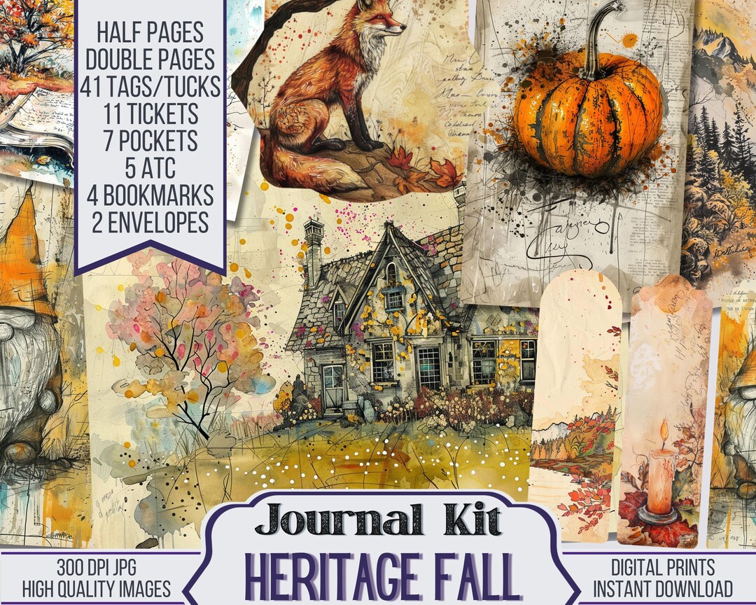Heritage Fall Junk Journal Kit Includes 40 Printable Pages & 81 Fall ...