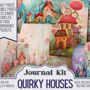 Quirky Houses Junk Journal Kit Ephemera, ATC, Tags, Pocket, Scrapbook Supply, Over 100 Digital Items, 48 Journal Pages, Digital Download