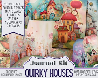 Quirky Houses Junk Journal Kit Ephemera, ATC, Tag, Tasca, Forniture per album, Oltre 100 articoli digitali, 48 pagine di diario, Download digitale