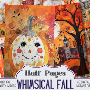 May include: A set of 48 digital prints featuring whimsical fall illustrations. The prints include a pumpkin with a smiling face, a spooky house, and a tree with birds. The prints are high quality and perfect for adding a touch of fall to your home decor.