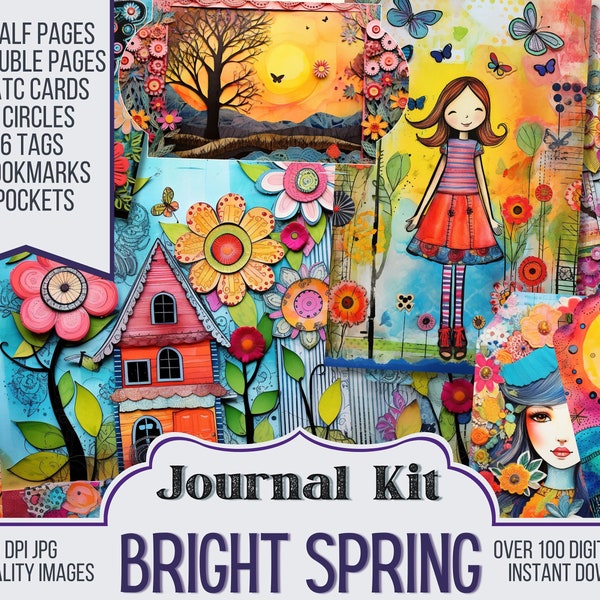 Bright Spring Junk Journal Kit Ephemera, ATC, Etiquetas, Bolsillo, Suministro de álbumes de recortes, Páginas de primavera, Más de 100 artículos digitales, Digitales, Imprimibles