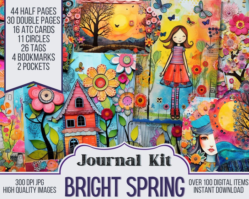 Bright Spring Junk Journal Kit Ephemera, ATC, Tags, Pocket, Scrapbook Supply, Spring Pages, Over 100 Digital Items, Digitals, Printable image 1