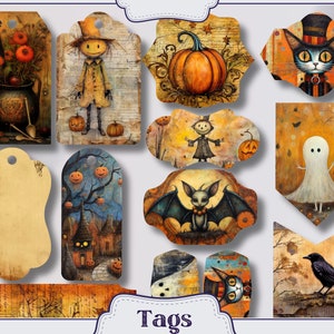 K&ouml;nnte beinhalten: Set mit 10 Vintage-Geschenk-Etiketten zum Thema Halloween mit verschiedenen Illustrationen, darunter ein Vogelscheuche, ein Geist, eine Fledermaus, eine Katze, ein Rabe und K&uuml;rbisse. Die Etiketten sind auf gealtertem Papier mit einem Used-Look gedruckt.