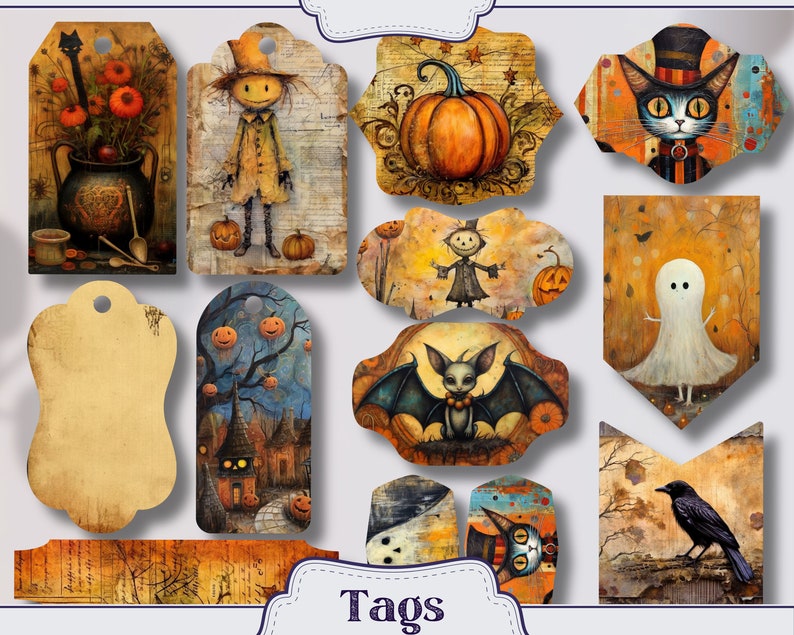 K&ouml;nnte beinhalten: Set mit 10 Vintage-Geschenk-Etiketten zum Thema Halloween mit verschiedenen Illustrationen, darunter ein Vogelscheuche, ein Geist, eine Fledermaus, eine Katze, ein Rabe und K&uuml;rbisse. Die Etiketten sind auf gealtertem Papier mit einem Used-Look gedruckt.
