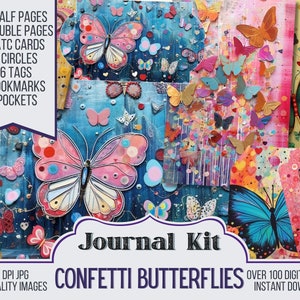 Kit de journal indésirable confettis papillons, ATC, étiquettes, pochette, fournitures pour scrapbooking, pages ambiance estivale, plus de 100 articles numériques, imprimable