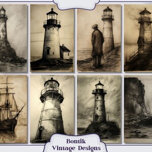 Pencil Drawn Old Lighthouse Vintage Junk Journal Half Papers, Scrapbook ...