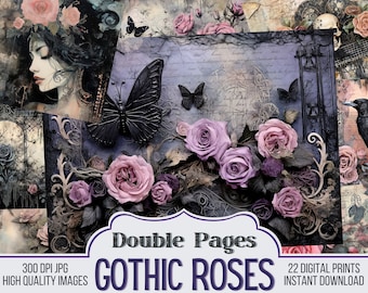Gothic Roses Dark Vintage Junk Journal Papers, Journal Scrapbook Supply - 22 Floral Style Junk Journal Pages - Ephemera, Vintage Pages