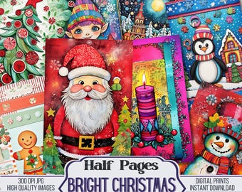 Bright Christmas Journal Half Papers, Scrapbook Supply - 32 Winter Xmas Junk Journal Pages, Vintage Page, Digital Download