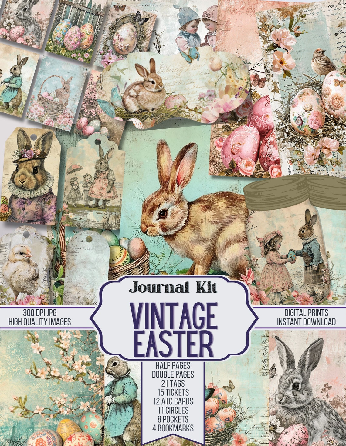 Vintage Easter Junk Journal Kit Ephemera, Easter Bunny Pages, ATC, Tags ...