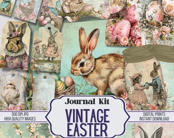 Vintage Easter Junk Journal Kit Ephemera, Easter Bunny Pages, ATC, Tags, Pocket, Scrapbook Supply, Over 100 Digital Items, Printable