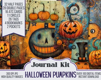 Quirky Halloween Pumpkin Junk Journal Kit Ephemera, ATC, Tags, Pocket, Scrapbook Supply, Fall Page, Over 100 Digital Items, 60 Journal Pages