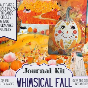 Whimsical Fall Junk Journal Kit Ephemera, ATC, Tags, Pocket, Scrapbook Supply, Halloween Pages, Over 150 Digital Items, 112 Journal Pages