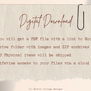 K&ouml;nnte beinhalten: Ein Hinweis auf einen digitalen Download mit braunem Hintergrund und wei&szlig;em Text. Der Text lautet: "Digitaler Download" und enth&auml;lt drei Aufz&auml;hlungspunkte: "Sie erhalten eine PDF-Datei mit einem Link zum Google Drive-Ordner mit Bildern und ZIP-Archiven", "KEINE physischen Artikel werden versandt", und "Lebenslanger Zugriff auf Ihre Dateien &uuml;ber eine Cloud". Am unteren Rand des Hinweises steht: "(c) Bontik Vintage Designs".