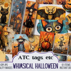 K&ouml;nnte beinhalten: Ein Set mit 61 digitalen druckbaren Bildern mit skurrilen Halloween-Illustrationen. Die Bilder beinhalten eine schwarze Katze, eine Hexe, einen Vogelscheuche, einen K&uuml;rbis, eine Fledermaus und ein Gespenst. Die Bilder sind perfekt zum Erstellen von Halloween-Karten, Scrapbook-Seiten und anderen Bastelarbeiten.