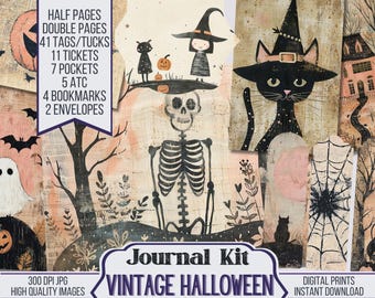 May include: Vintage Halloween journal kit with digital prints, including half pages, double pages, tags, tickets, pockets, ATC cards, bookmarks, and envelopes. The kit features a black cat, a skeleton, a ghost, and a spiderweb.