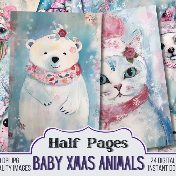 Christmas Baby Animals Junk Journal Half Papers, Scrapbook Supply - 24 Winter Xmas Junk Journal Pages, Vintage Page, Digital Download