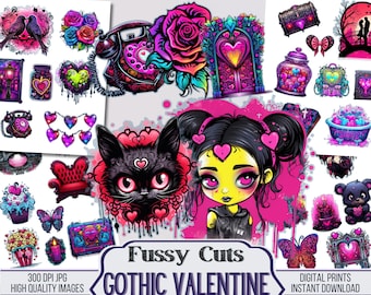 May include: A digital clipart set featuring a gothic valentine theme. The set includes images of a black cat, a girl with pink hair, a heart-shaped door, a telephone, a jar of hearts, a cupcake, a butterfly, a teddy bear, and more. The images are in a dark and whimsical style with pink, black, and purple colours.