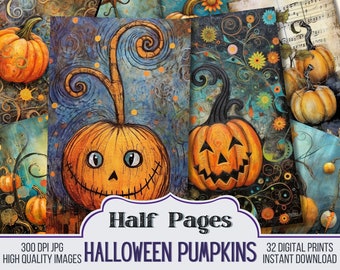 Quirky Halloween Pumpkin Vintage Junk Journal Half Papers, Scrapbook Supply, 28 Autumn Junk Journal Pages, Vintage Page, Digital Download