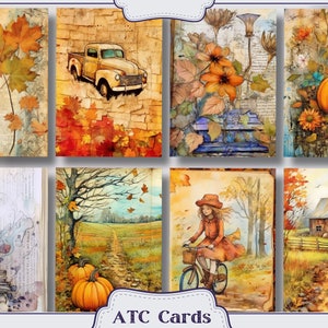 K&ouml;nnte beinhalten: Ein Set mit 10 bedruckbaren ATC-Karten zum Thema Herbst. Die Karten zeigen verschiedene Herbstszenen, darunter einen Oldtimer, ein M&auml;dchen auf einem Fahrrad, eine Scheune und einen K&uuml;rbis.