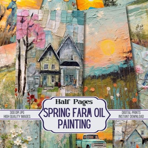 Frühlingsbauernhof Ölgemälde Junk Journal Hälfte Papiere - 34 Frühling druckbare dekorative Seiten, Scrapbook Zubehör, digitaler Download