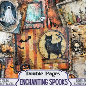 Puede incluir: Un collage de impresiones digitales con temática de Halloween. La obra de arte presenta un gato negro, calabazas, murciélagos, un fantasma y calaveras. El texto "Double Pages Enchanting Spooks" se muestra en la parte inferior, junto con "300 DPI JPG HIGH QUALITY IMAGES" y "DIGITAL PRINTS INSTANT DOWNLOAD".