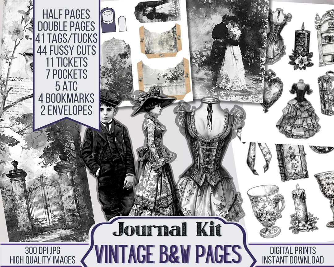 Vintage Black and White Pages Junk Journal Kit Ephemera, ATC, Tags ...