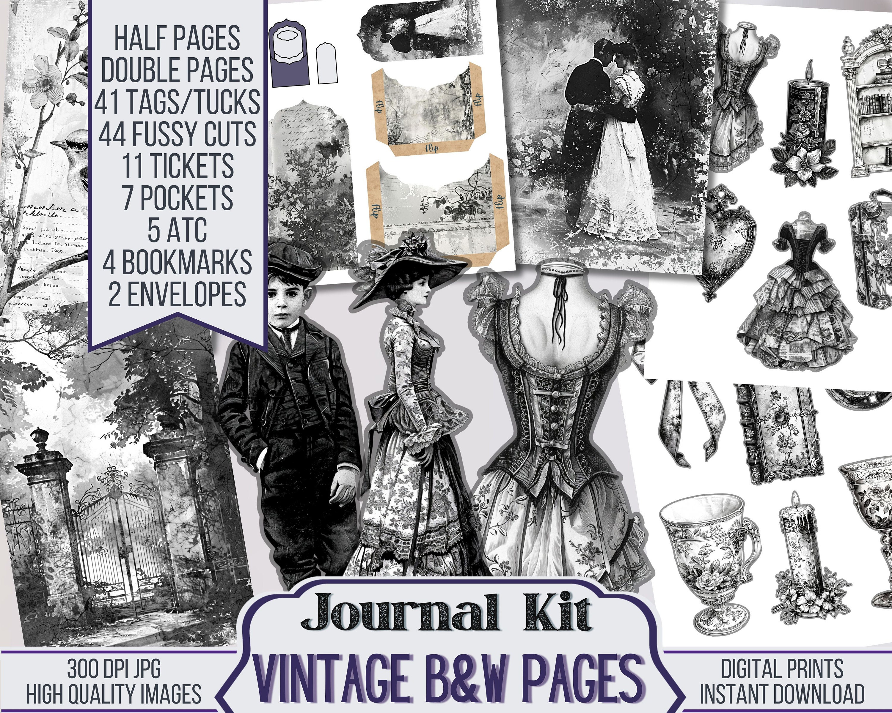 Vintage Black and White Pages Junk Journal Kit Ephemera, ATC, Tags ...