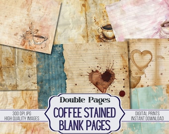 May include: A set of digital printable papers featuring coffee-stained blank pages. The papers have a vintage look with brown and blue tones. The text on the image reads "Double Pages Coffee Stained Blank Pages".