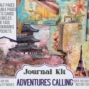 Adventures Calling Junk Journal Kit Ephemera, ATC, Tags, Pocket, Journal Scrapbook Supply - 38 Junk Journal Pages, Digital Download