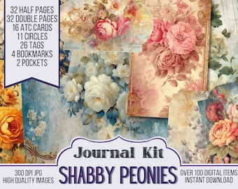 Shabby Peonies Junk Journal Kit Ephemera, ATC, Tags, Pocket, Scrapbook Supply, Floral Pages, Over 100 Digital Items, 64 Journal Pages