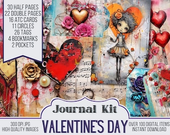 Whimsical Valentine Junk Journal Kit Printable Digital Ephemera February Digi Paper Junk Journal Supplies Valentine Day Scrapbook Download