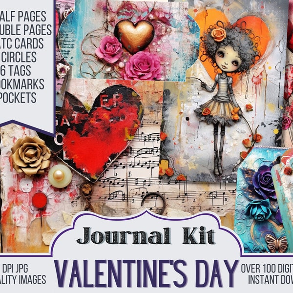 Valentine's Day Collage Junk Journal Kit Ephemera, ATC, Tags, Pocket, Scrapbook Supply, Spring Pages, Over 100 Digital Items, Digitals
