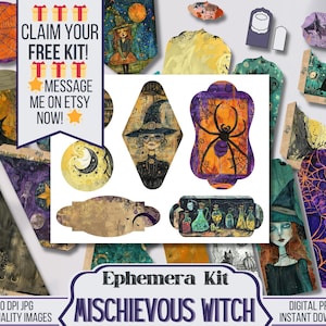 Mischievous Witch Printable Ephemera Pack, Printable Witchy Halloween ATC, Pockets, Tags, Envelopes, Scrapbooking Supplies